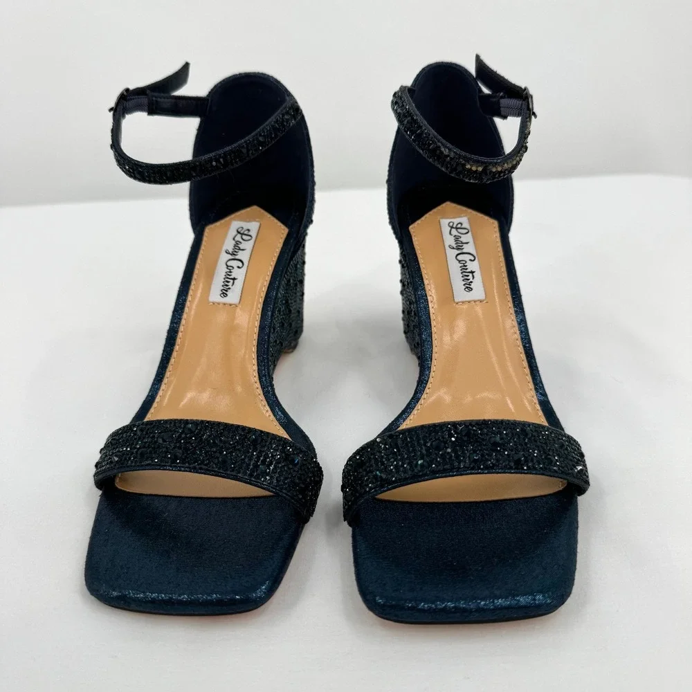 Black Beaded Ankle-Strap Wedge Sandals